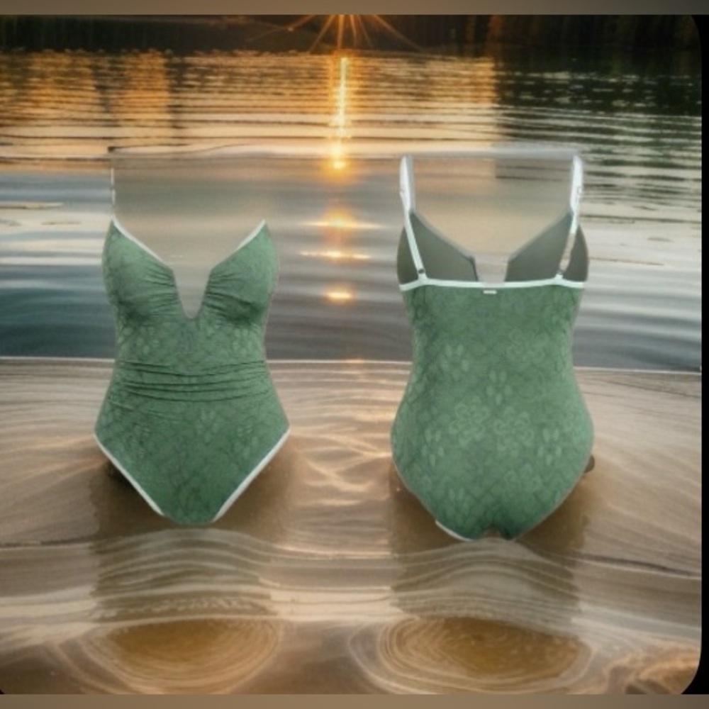 Berlook One Piece Swimsuit Women's 20 V Notch Jacquard Green Blue NEW NWT & Bag